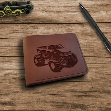 Monster truck Gifts. Personalized Leather Wallet. Engraved Wallet. Custom Slim Bifold Minimalist Leather Wallet for Men. Custom Monster truck Lovers Gifts- on Lucasgift