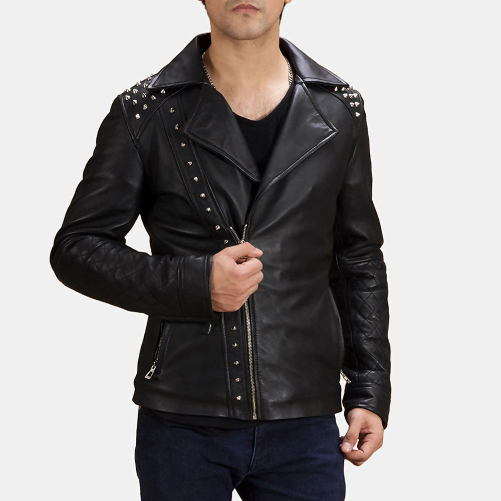 Men's Handmade Black Studded Leather Biker Jacket – Premium Genuine Motorcycle Leather Jacket