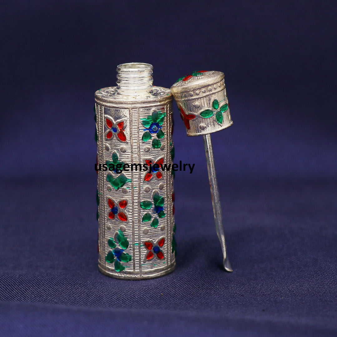 Vintage Silver Sindoor Dibbi with Meenakari Work | Hand-Engraved Kumkum Box | Traditional Bridal Pooja Container | 25.5g Bj1006- on Lucasgift