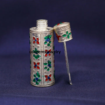 Vintage Silver Sindoor Dibbi with Meenakari Work | Hand-Engraved Kumkum Box | Traditional Bridal Pooja Container | 25.5g Bj1006- on Lucasgift