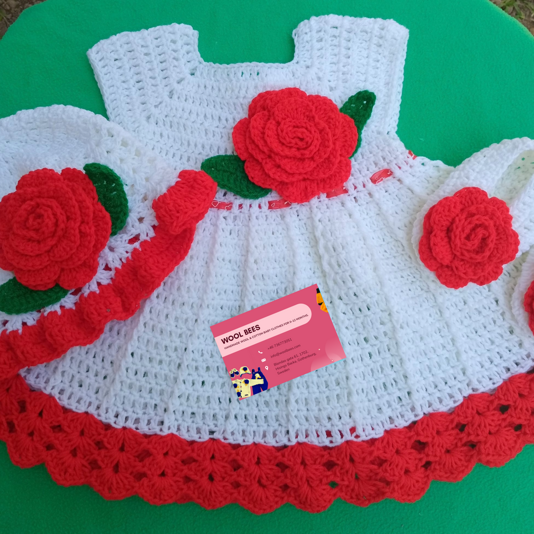 Handmade Crochet Rose Baby Dress - White & Red Baby Girl Frock - 1-12 Months - Colors Available - Acrylic Yarn/Pure Cotton/Milk Cotton- on Lucasgift