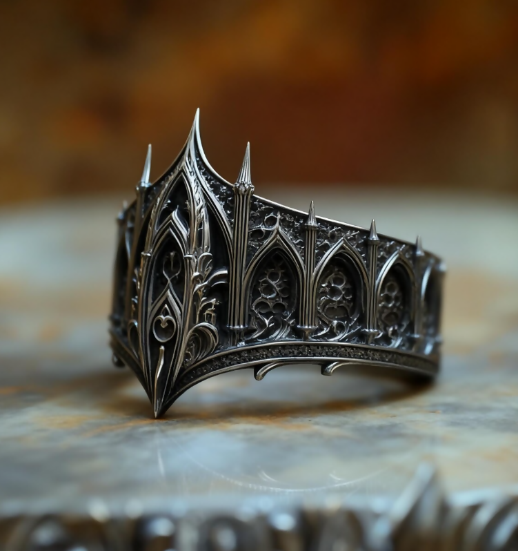 Gothic Cathedral Crown Ring, Handmade Sterling Silver Band, Dark Statement Jewelry, Sculptural Spire Architecture, Fantasy Medieval Crown- on Lucasgift