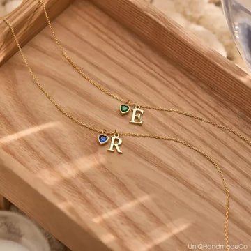 Dainty Initial Necklace with Heart Birthstone, Custom Letter Necklace, Birthstone Jewellery, 18th Birthday Gifts for Her, Mothers Day Gift- on Lucasgift