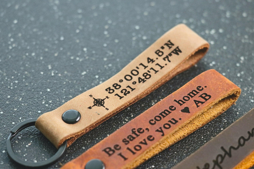 SLIM Personalized Leather Keychain, Customized Keychain, Custom Leather Key chain, coordinates key chain longitude latitude keychain, Best Gift- on Lucasgift