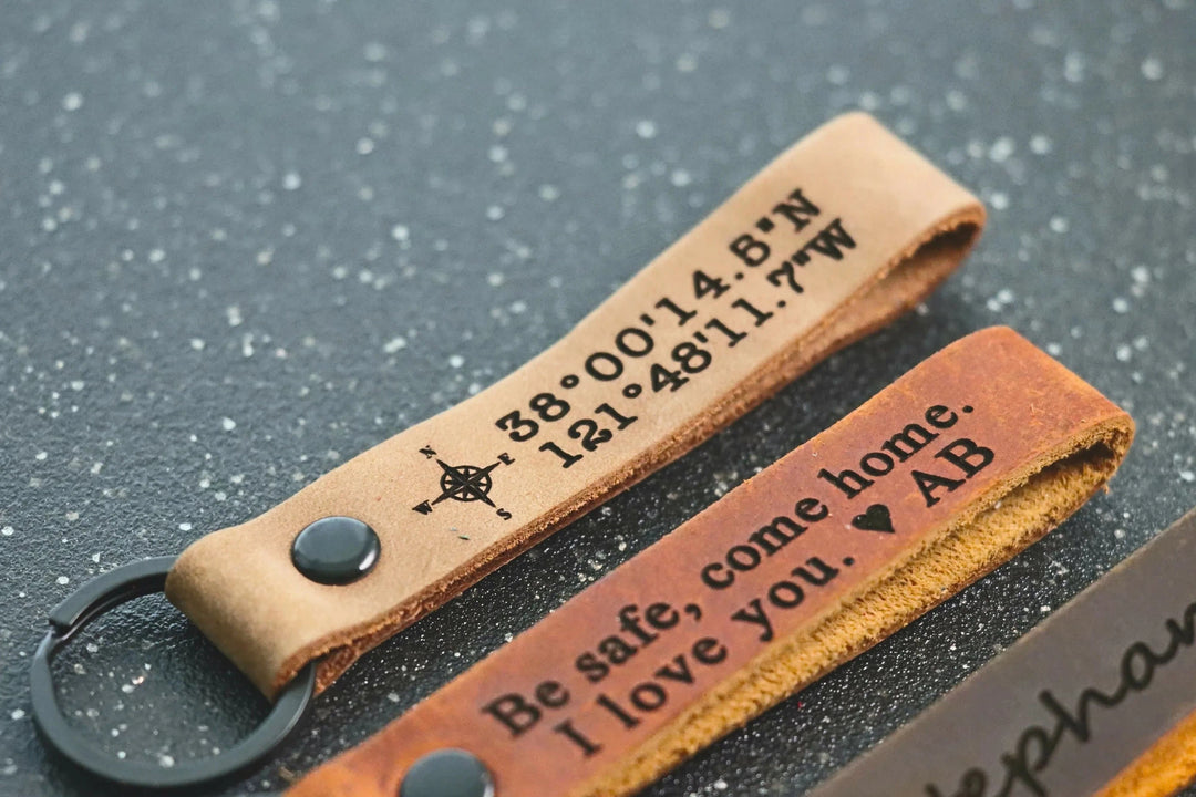 SLIM Personalized Leather Keychain, Customized Keychain, Custom Leather Key chain, coordinates key chain longitude latitude keychain, Best Gift-Lucasgift