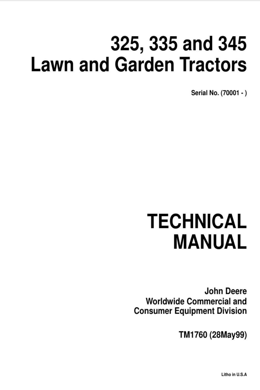 John Deere 325, 335 & 345 Lawn & Garden Technical Manual TM-1760