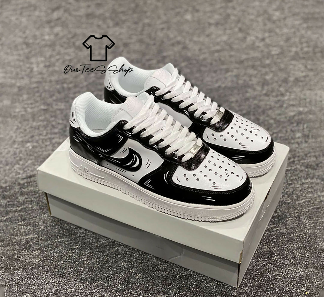 Custom Black White Cartoon AF1 Sneakers, Hand Painted Personalized Shoes