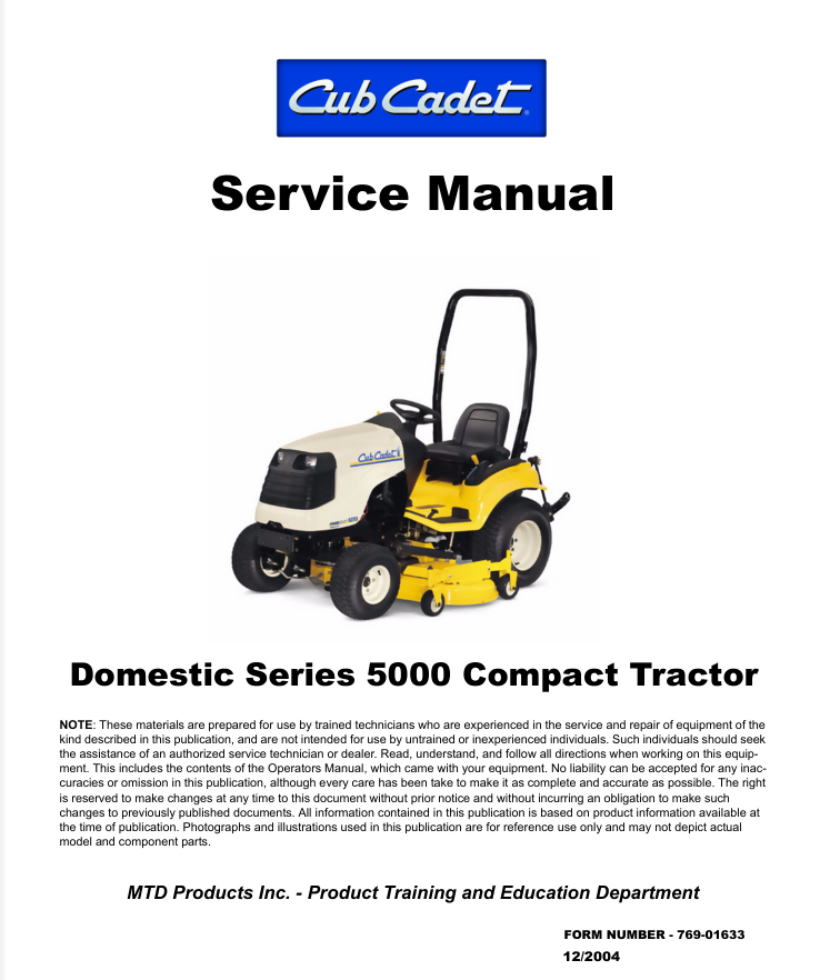 CUB CADET COMPACT TRACTOR 5000 SERIES SERVICE REPAIR SHOP MANUAL- on Lucasgift