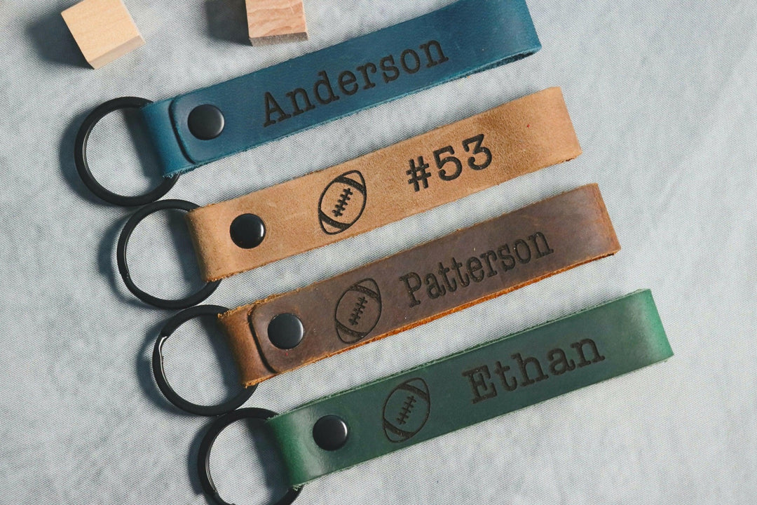SLIM Personalized Football Keychain, Backpack Tags, Leather Keychains, Kid's Name Tags, Sport Keyrings, Charms, Team Gift- on Lucasgift