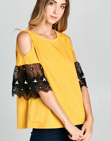 Crochet Lace Cold Shoulder Sleeves Top- on Lucasgift