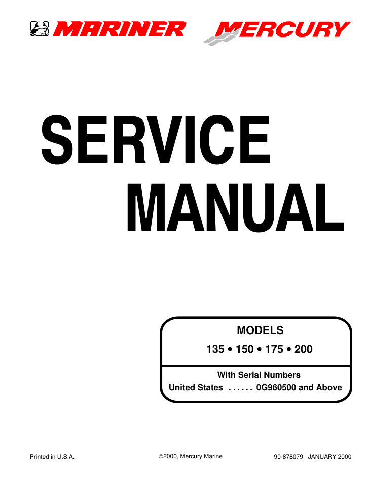 Mercury Mariner 2-Stroke Outboard Motors Models 135 150 175 200 Manual- on Lucasgift