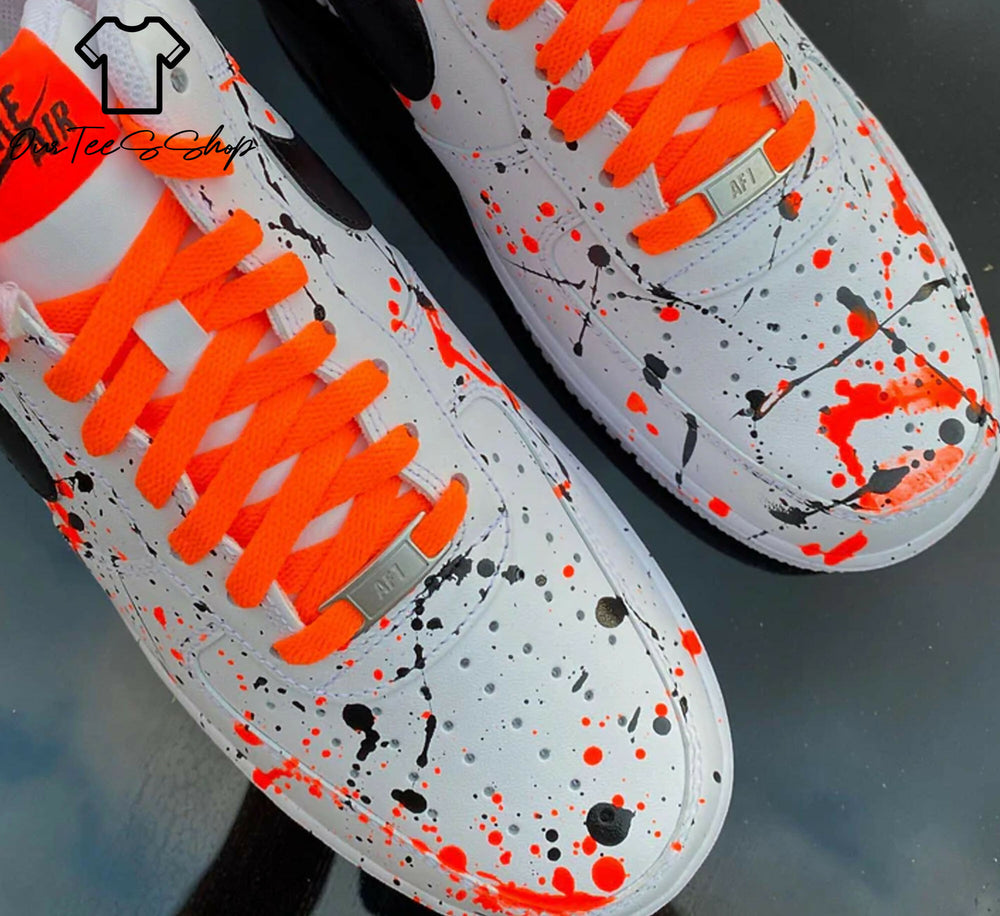 Custom Orange＆ Black Splatter AF1 Sneakers, Hand Painted Personalized Shoes- on Lucasgift