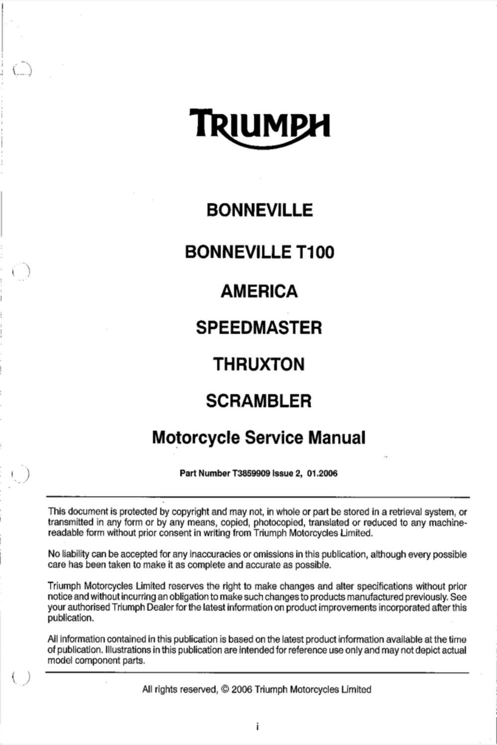 Triumph America Bonneville T100 Speedmaster Thruxton Scrambler 2006 Service Manual
