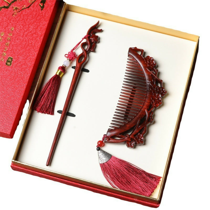 Rosewood Hanmei Plum Blossom Hair Comb and Hairpin Wedding Gift Set- on Lucasgift