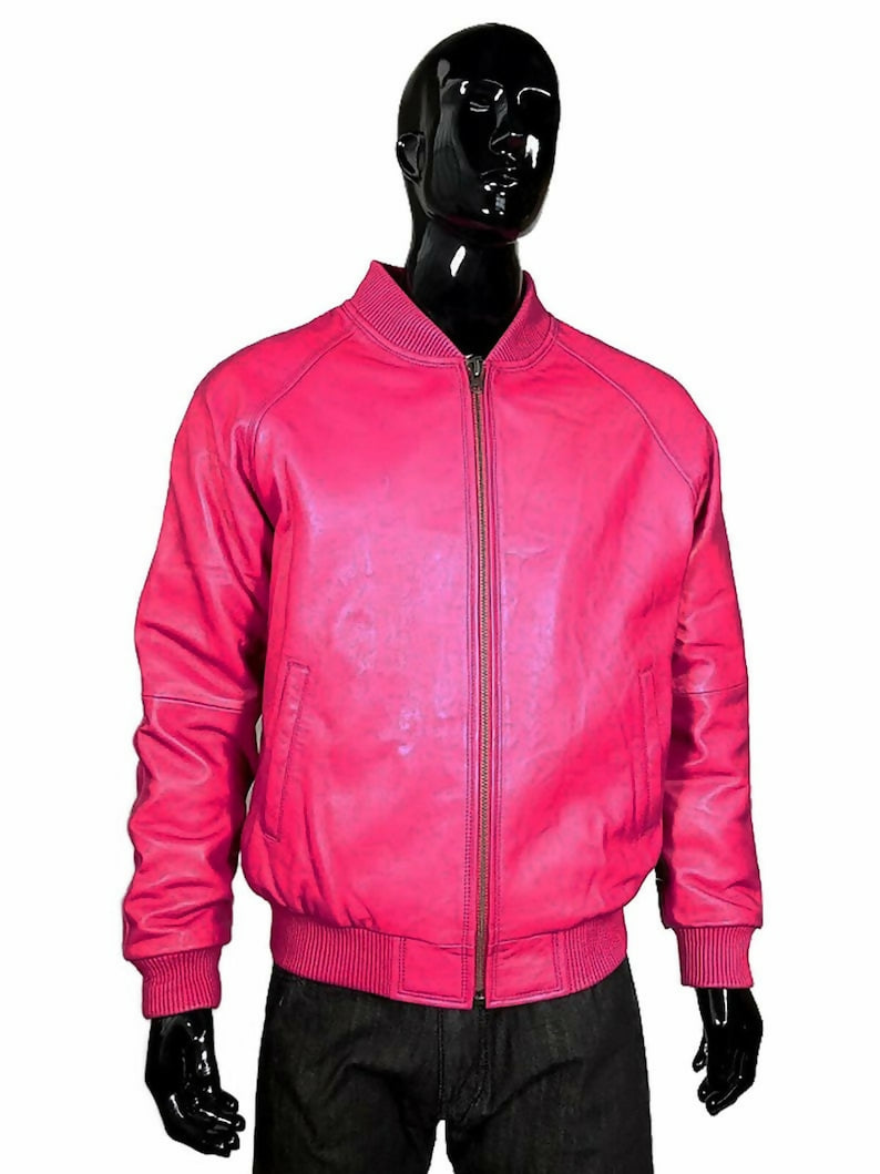 Handmade Pink Lambskin Leather Bomber Jacket for Men | Premium Streetwear Coat