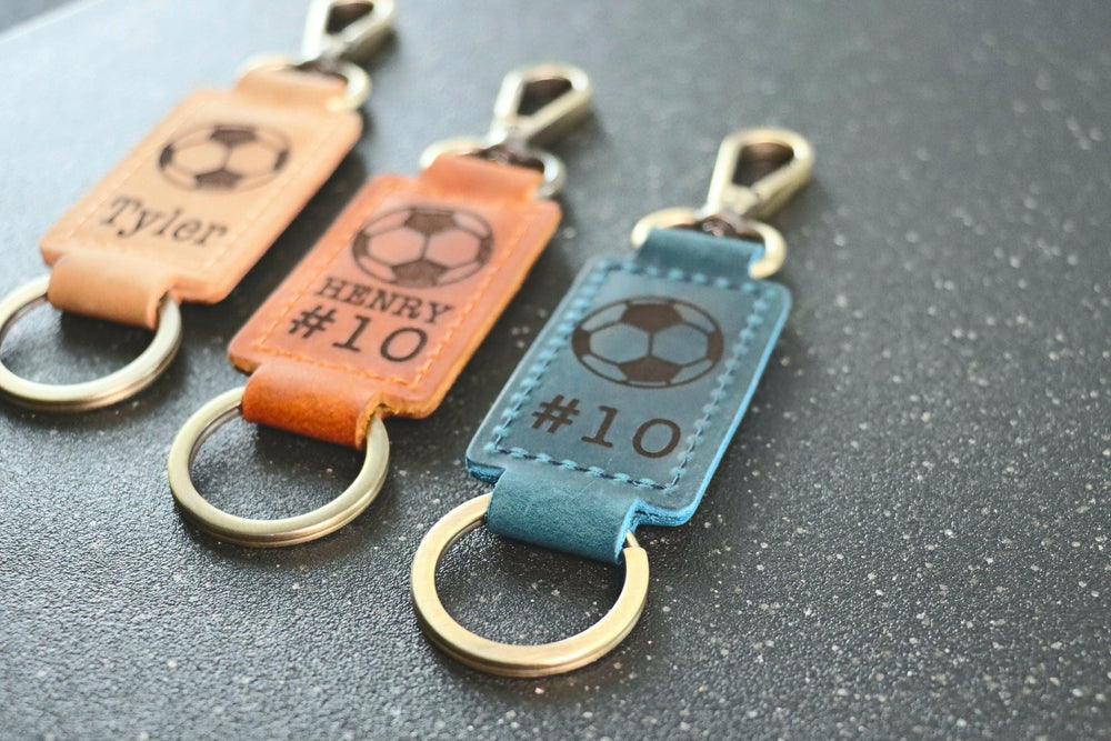 Soccer Ball Keychain, Personalized Sports Keychain, Team Gifts, Player Gifts, Soccer Gift, LEATHER KEYCHAIN- on Lucasgift