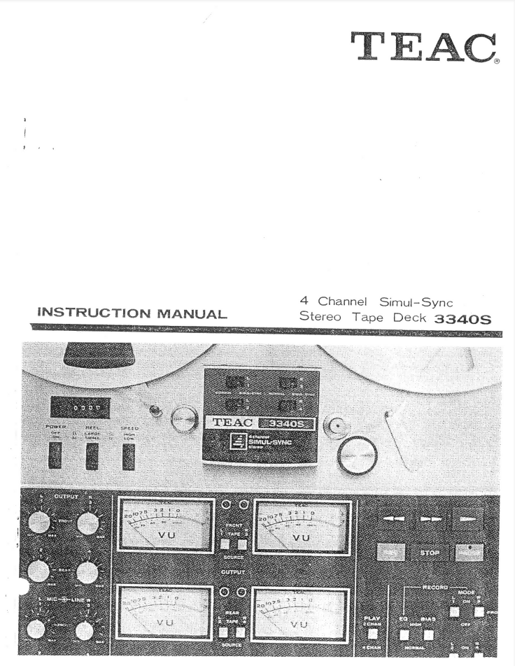 TEAC A-3340S 3340S STEREO TAPE DECK REEL INSTRUCTION MANUAL- on Lucasgift