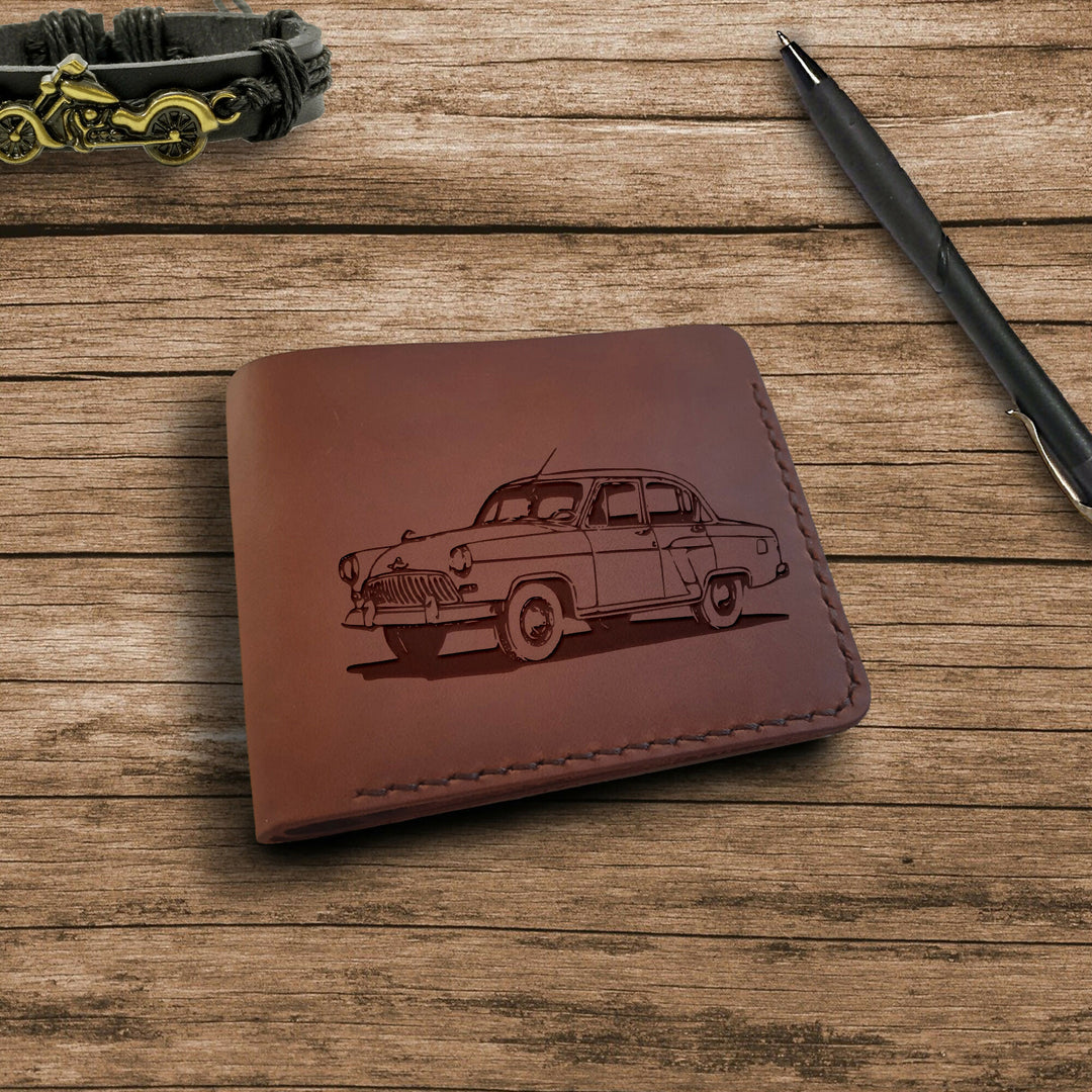 Old Car Gifts. Personalized Leather Wallet. Engraved Wallet. Custom Slim Bifold Minimalist Leather Wallet for Men. Custom Car Lovers Gifts- on Lucasgift