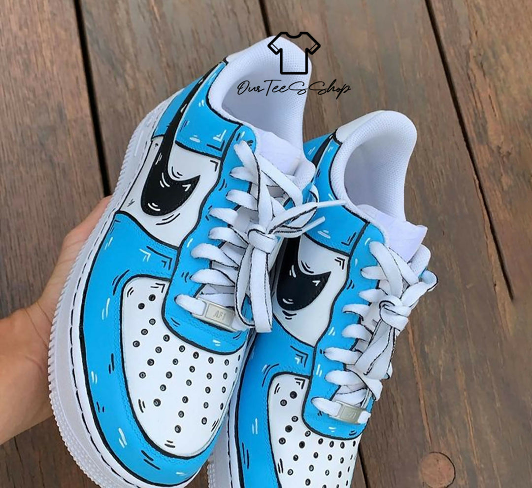 Custom Blue Black Cartoon AF1 Sneakers, Hand Painted Personalized Shoes