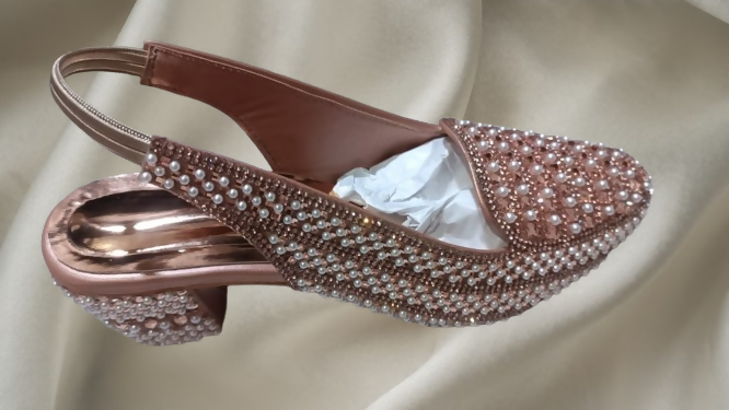 Women's Rose Gold Pearl Embellished Slingback Block Heel Sandals Party Shoes