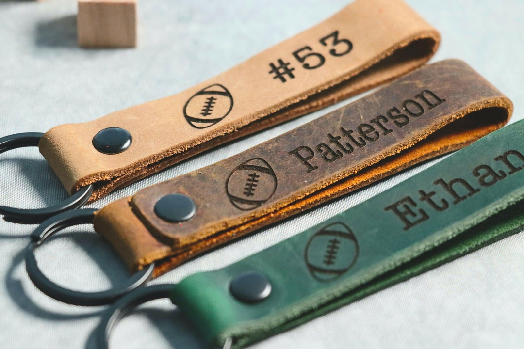 SLIM Personalized Football Keychain, Backpack Tags, Leather Keychains, Kid's Name Tags, Sport Keyrings, Charms, Team Gift- on Lucasgift