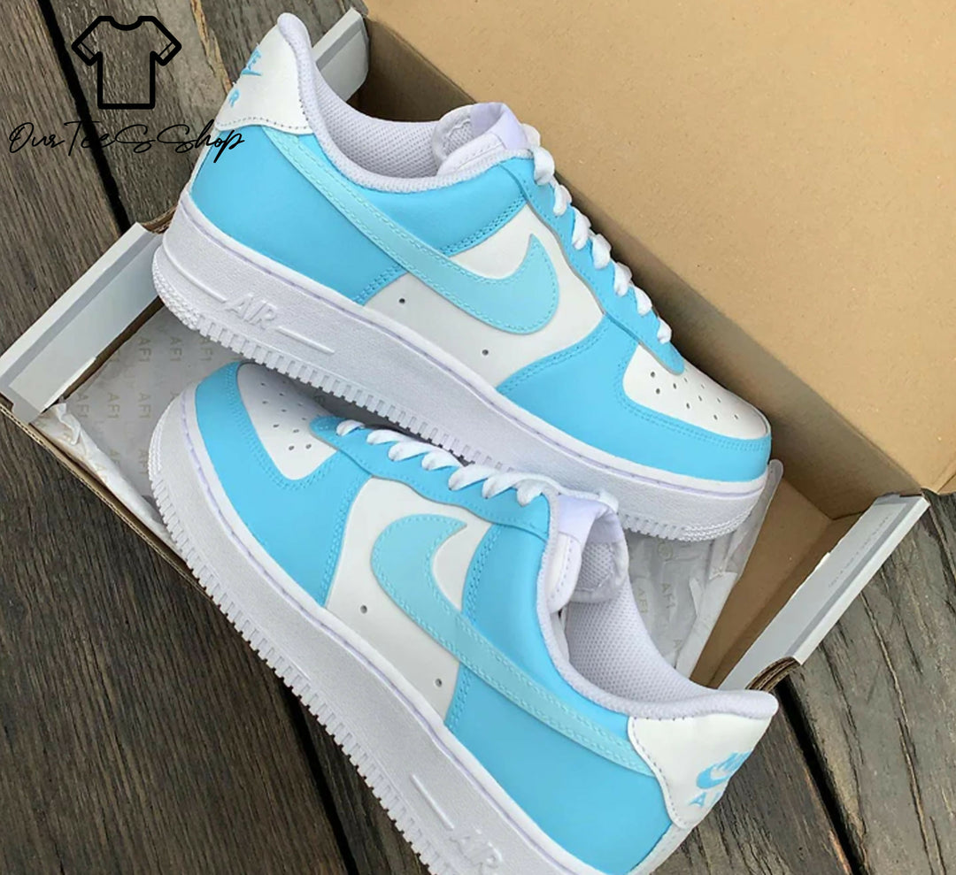 Custom Ice Blue AF1 Sneakers, Hand Painted Personalized Shoes