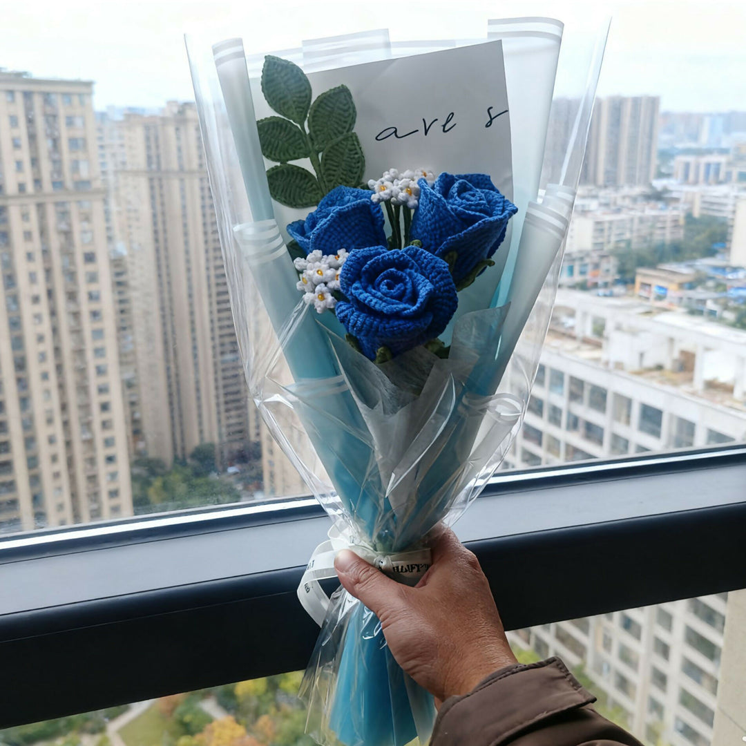 Handmade Crochet Blue Rose Bouquet - Artificial Flower Arrangement for Home Decor & Gift- on Lucasgift