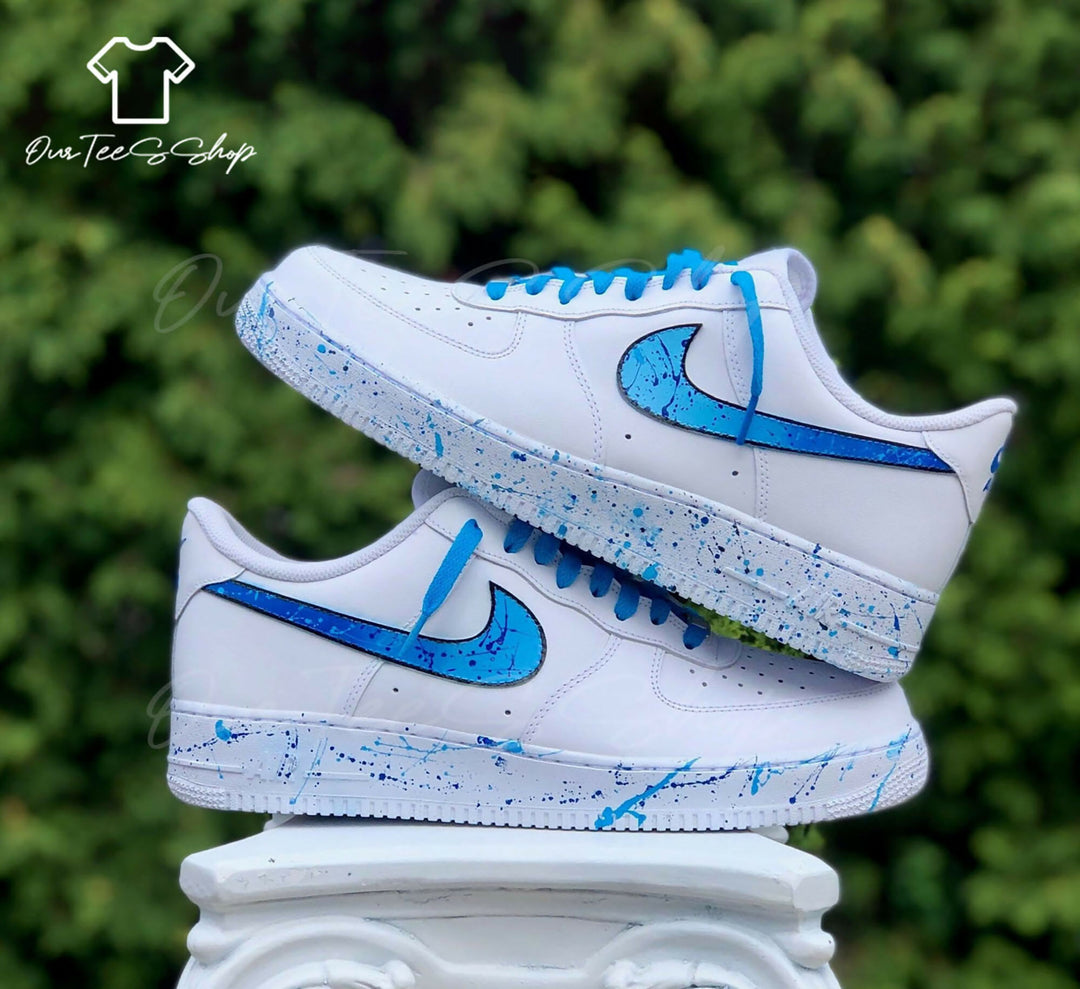 Custom Blue Splash AF1 Sneakers, Hand Painted Personalized Shoes