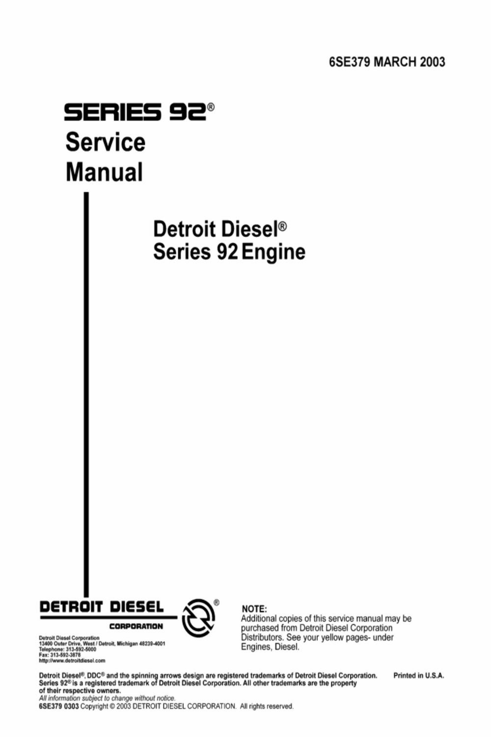 Detroit Diesel 92 Allison Service Repair Workshop Engine Manual