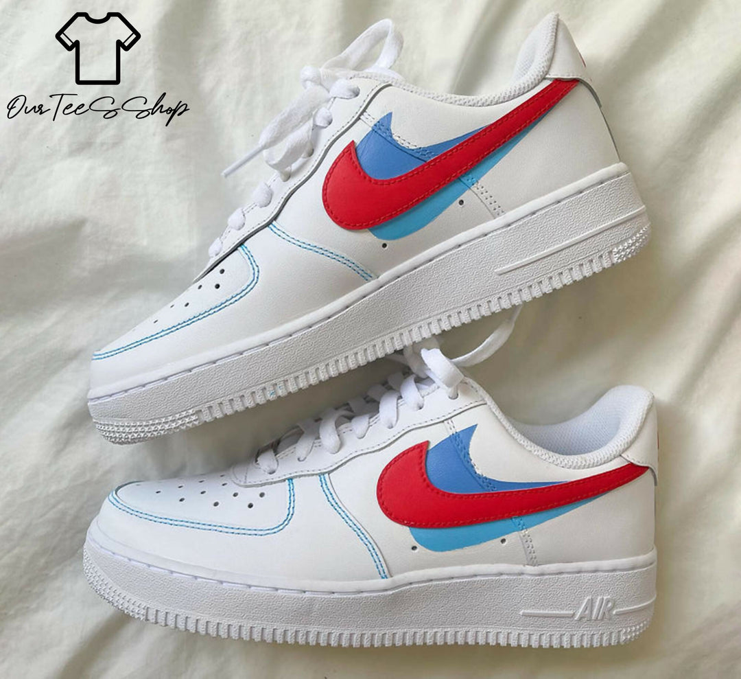 Custom Swoosh Red and Blue AF1 Sneakers, Hand Painted Personalized Shoes