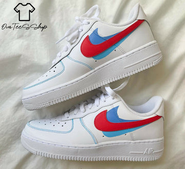 Custom Swoosh Red and Blue AF1 Sneakers, Hand Painted Personalized Shoes