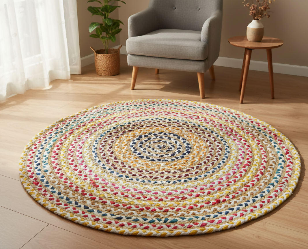 Sonia Artisan Collections| Multicolored Braided Jute and Cotton Round Rug/Mat | Handmade, Boho Style | Perfect for Living Room, Kids Room, or Meditation- on Lucasgift