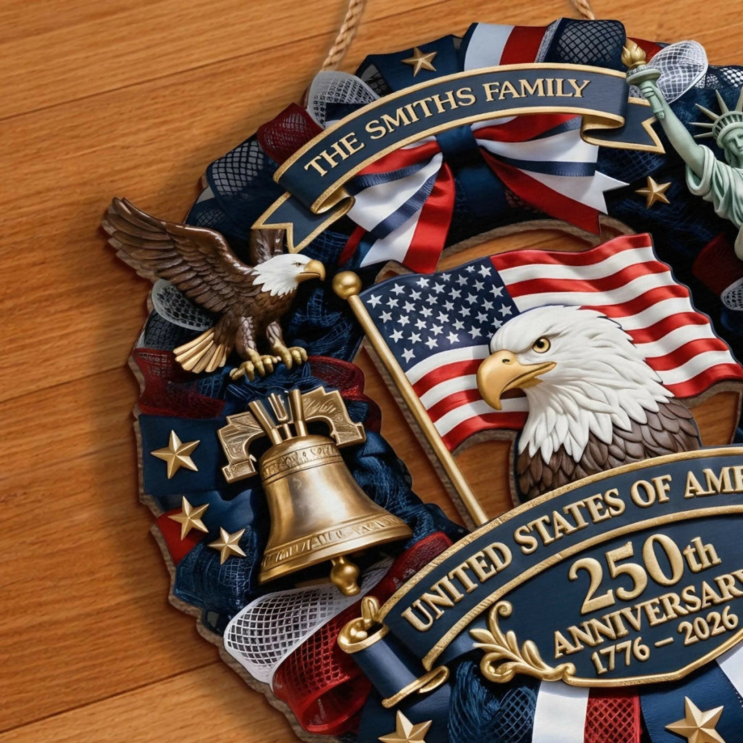 Personalized America 250th Anniversary Wood Wreath 1776-2026 Patriotic Door Sign Semiquincentennial Family Name Decor- on Lucasgift