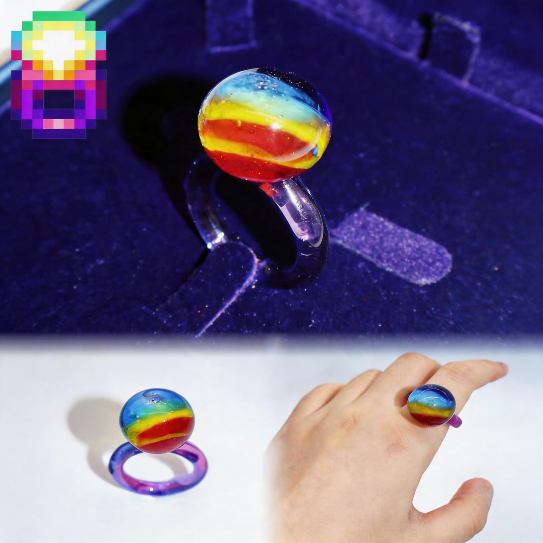 Stardew Valley Galaxy Wedding Ring - Handcrafted Glass Art Statement Ring, Gift for Gamer, Unique Rainbow Planet Ring