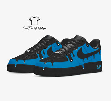 Custom Blue Drip Black AF1 Sneakers, Hand Painted Personalized Shoes