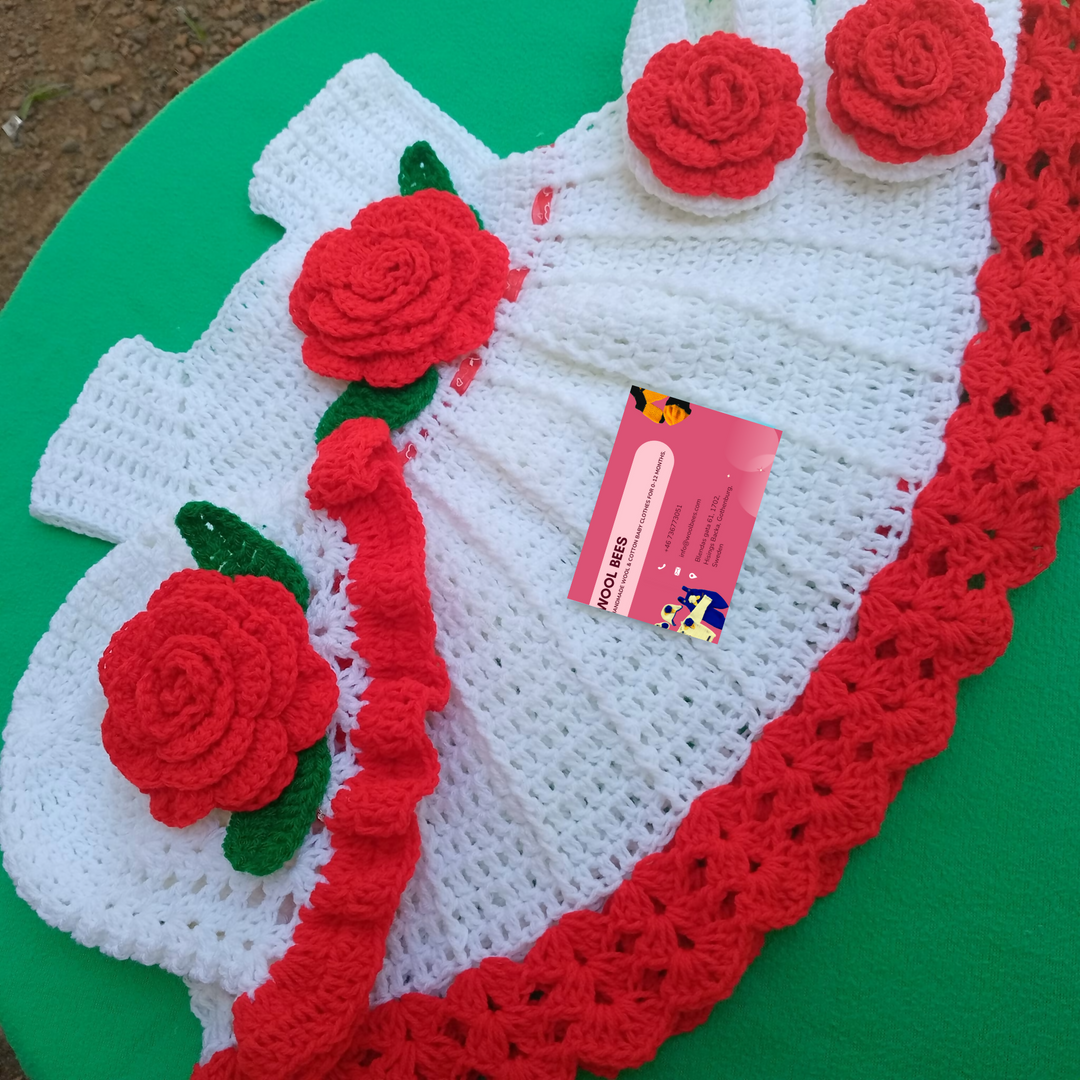 Handmade Crochet Rose Baby Dress - White & Red Baby Girl Frock - 1-12 Months - Colors Available - Acrylic Yarn/Pure Cotton/Milk Cotton- on Lucasgift