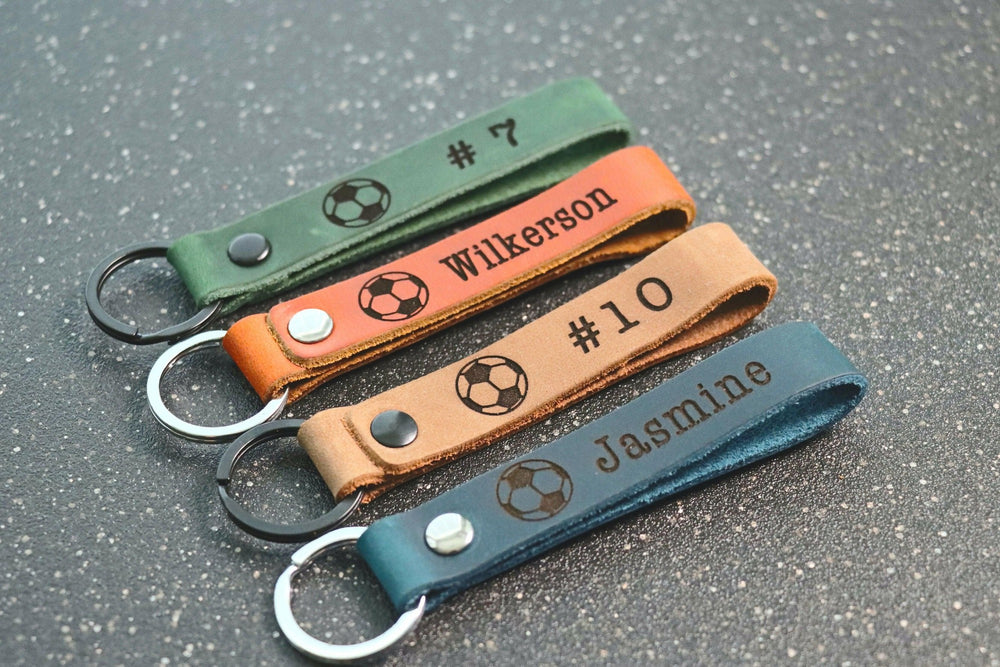 SLIM Soccer Personalized Keychain / Keyring / bag Tag / Name Tag - Leather Keychain- on Lucasgift