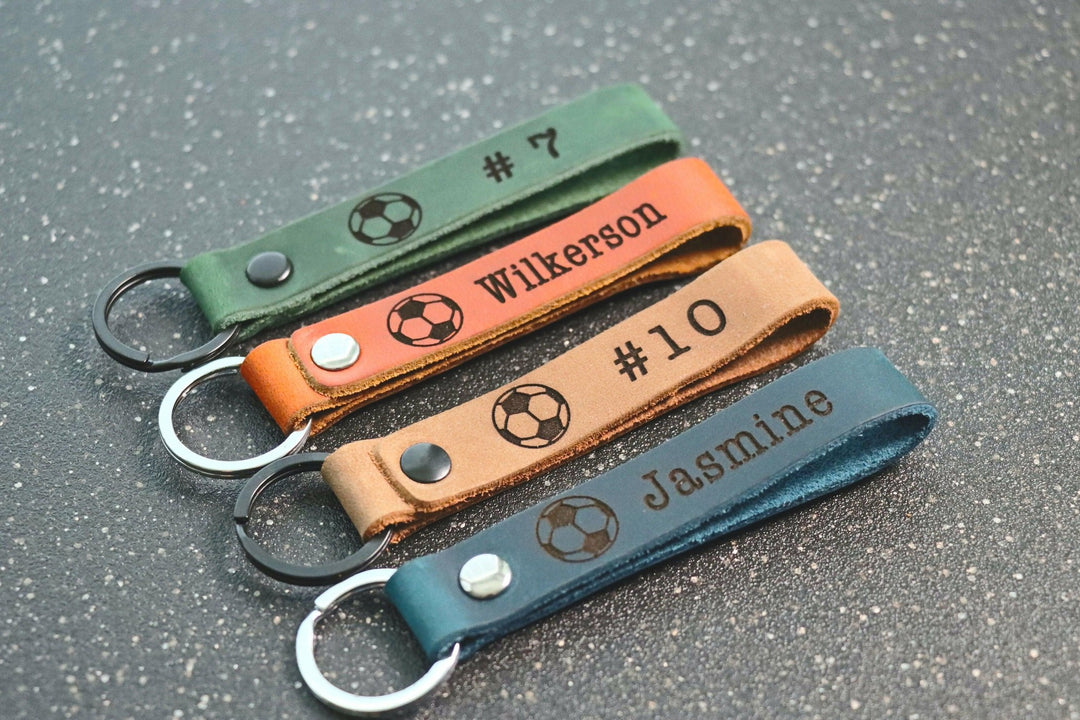 SLIM Soccer Ball Keychain, Personalized Sports Keychain, Team Gifts, Player Gifts, Soccer Gift, LEATHER KEYCHAIN- on Lucasgift