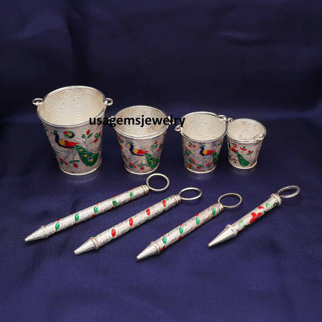 Pure Silver Multi Size Mini Pichkari Set Peacock Design Handcrafted Holi Decor | Weight Assorted BJ1016- on Lucasgift