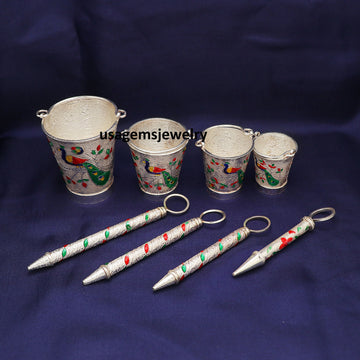 Pure Silver Multi Size Mini Pichkari Set Peacock Design Handcrafted Holi Decor | Weight Assorted BJ1016- on Lucasgift