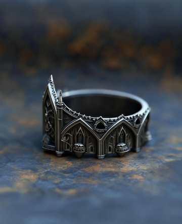 Dark Regal Ring, Handcrafted Sterling Silver Gothic Crown, Medieval Inspired Statement- on Lucasgift