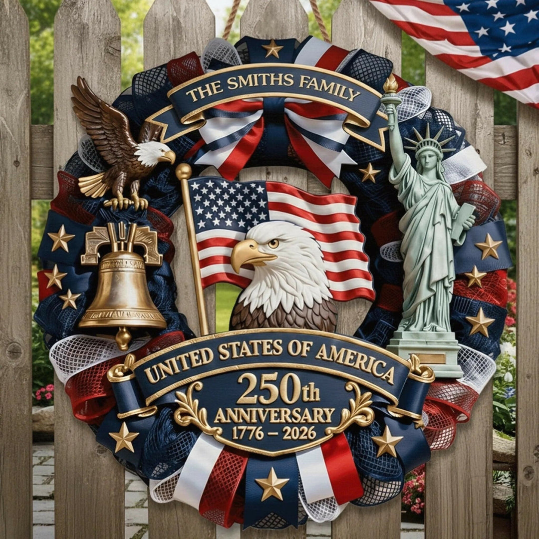 Personalized America 250th Anniversary Wood Wreath 1776-2026 Patriotic Door Sign Semiquincentennial Family Name Decor- on Lucasgift