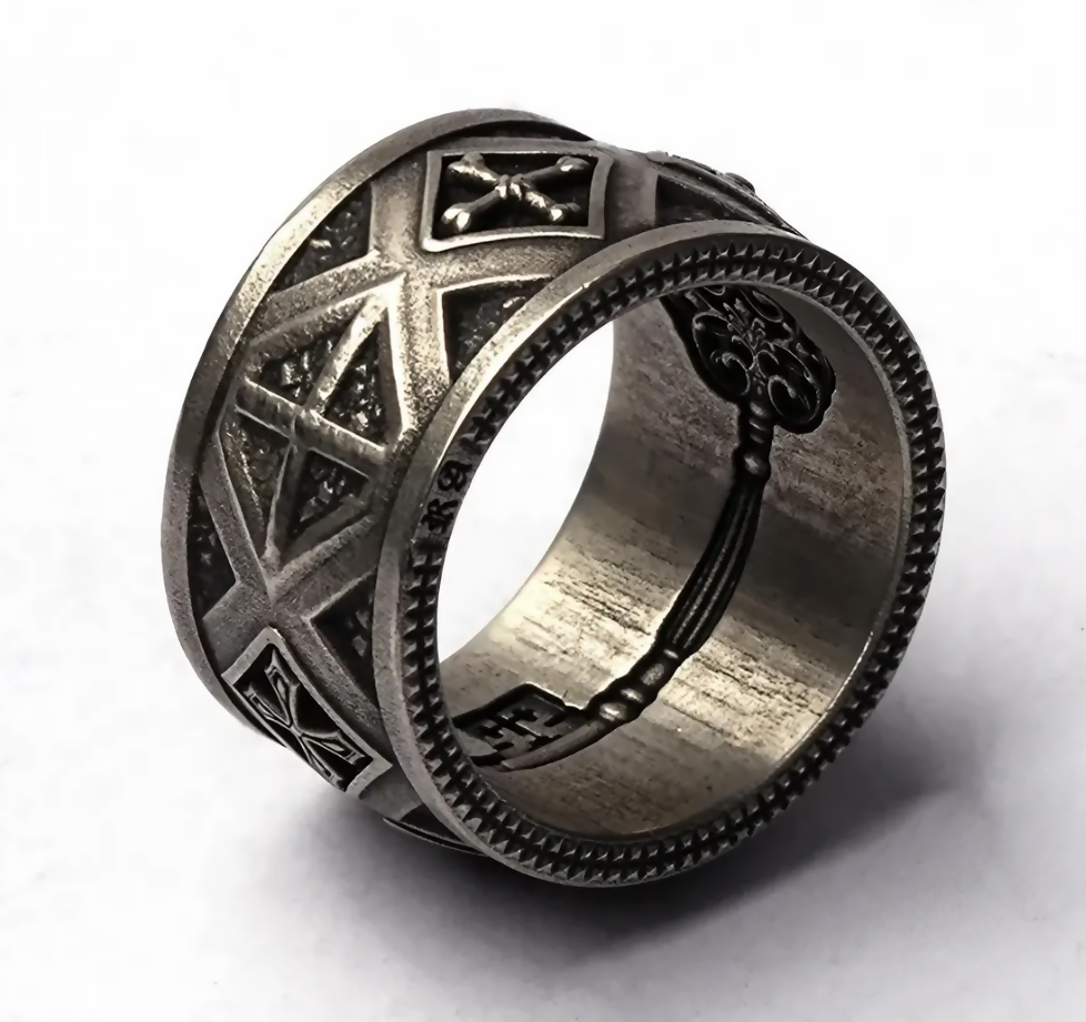 Sterling Silver Gothic Cathedral Ring: Antiqued Cross Armor Ban- on Lucasgift