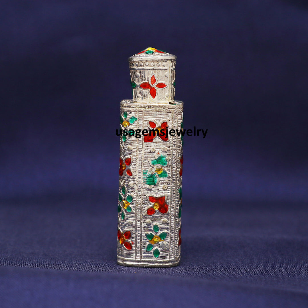 Vintage Silver Sindoor Box | Hand-Engraved Floral Meenakari Dibbi | Rectangular Kumkum Case | 25.7g BJ1007- on Lucasgift