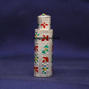 Vintage Silver Sindoor Box | Hand-Engraved Floral Meenakari Dibbi | Rectangular Kumkum Case | 25.7g BJ1007- on Lucasgift