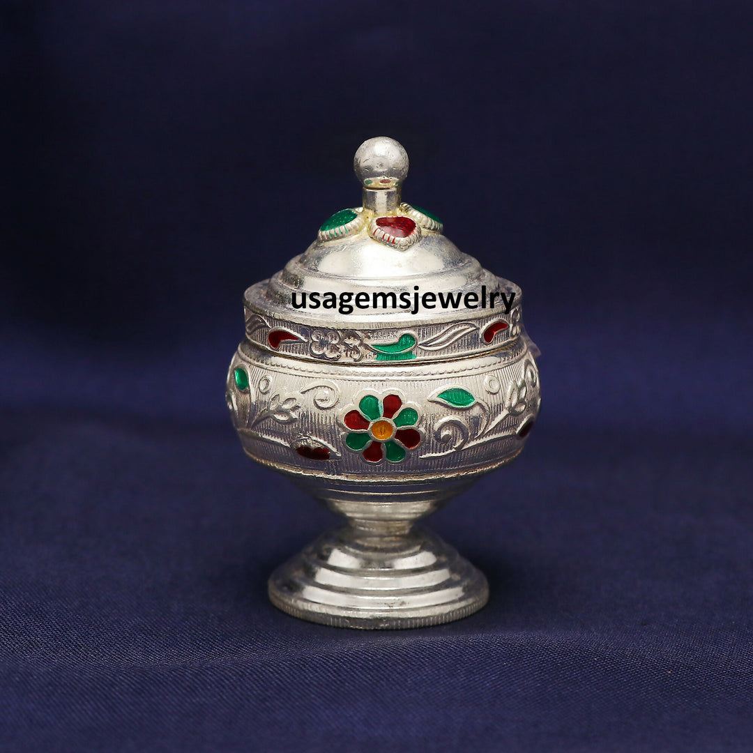 Pure Silver Decorative Floral Enamel Box Handmade Keepsake Sindoor Box 5.8x3.9 cm | Weight 31 Grams BJ1014- on Lucasgift