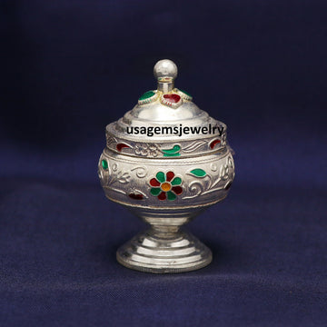 Pure Silver Decorative Floral Enamel Box Handmade Keepsake Sindoor Box 5.8x3.9 cm | Weight 31 Grams BJ1014- on Lucasgift
