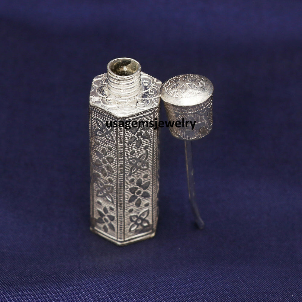 Vintage Sterling Silver Sindoor Dibbi with Applicator Stick | Hand-Engraved Floral Kumkum Box | Bridal Pooja Container | 25.7g BJ1005- on Lucasgift
