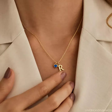 Dainty Initial Necklace with Heart Birthstone, Custom Letter Necklace, Birthstone Jewellery, 18th Birthday Gifts for Her, Mothers Day Gift- on Lucasgift