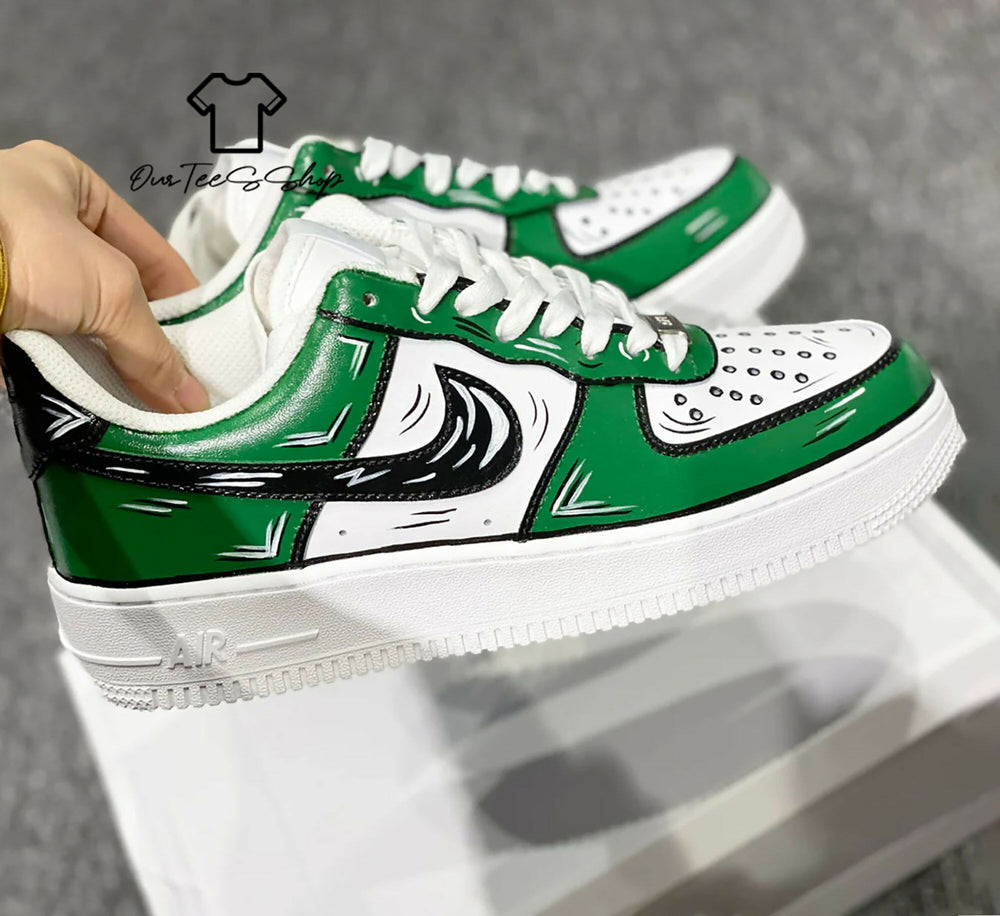 Custom Green Black Cartoon AF1 Sneakers, Hand Painted Personalized Shoes- on Lucasgift